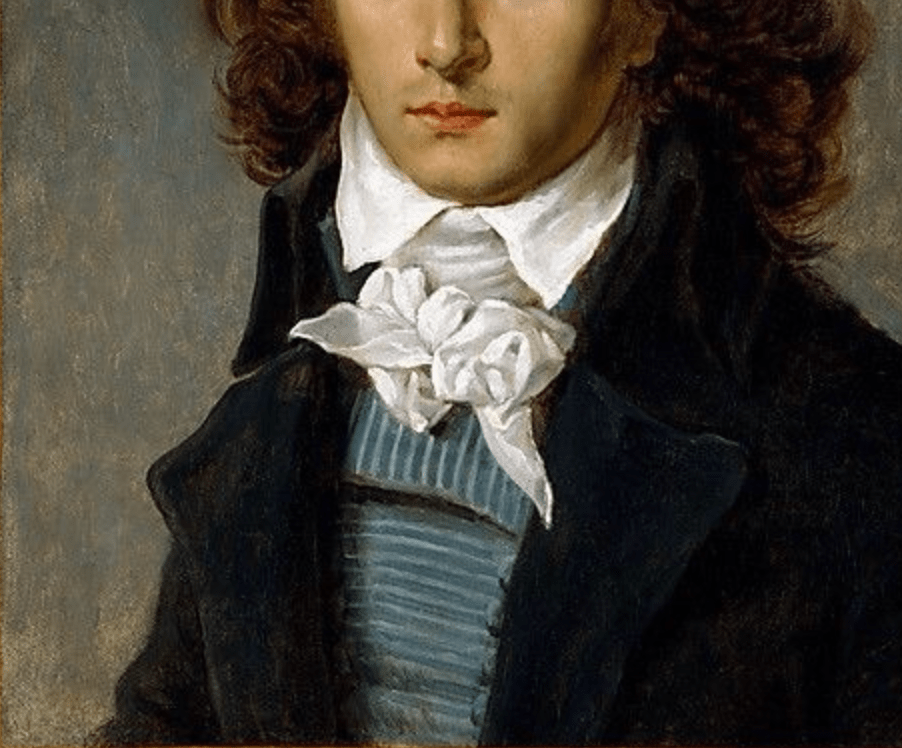 Image is a close-up of a painting of a young man from the Regency era, mostly focusing on his complicated cravat knot.