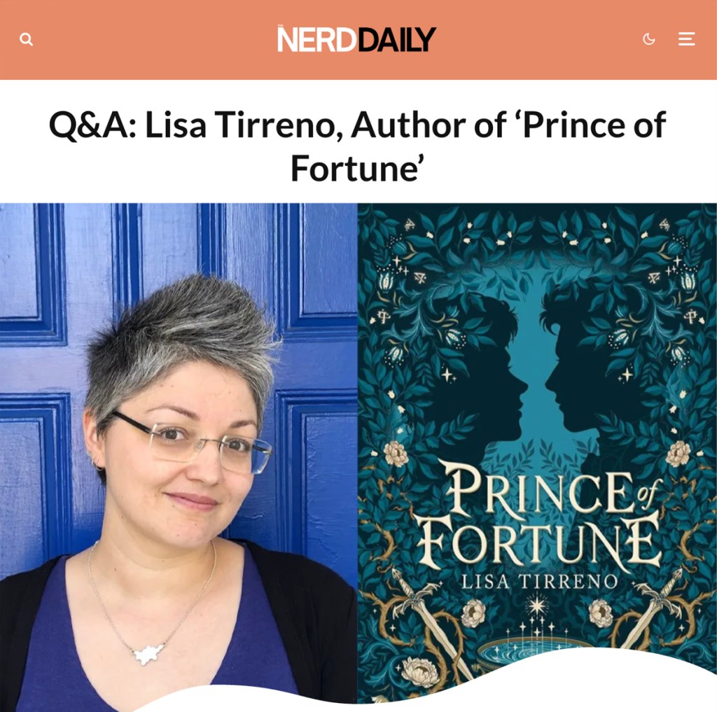 Image is a screenshot of the Nerd Daily website showing an article titled "Q&A: Lisa tirreno, Author of Prince of Fortune" and a picture of the author, and the book's cover
