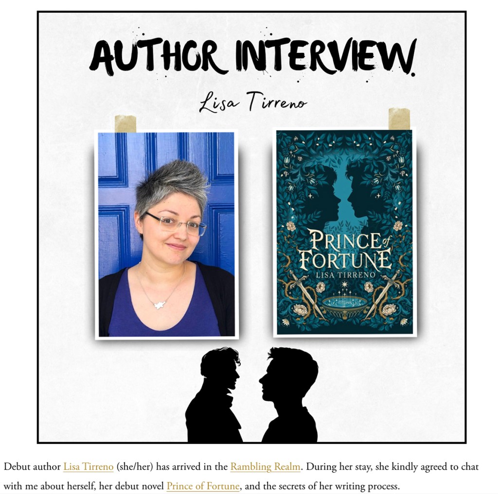 Image is a screenshot from Amr Saleh's website with an author interview with Lisa Tirreno, and a picture of her and the cover of her book Prince of Fortune, plus some silhouettes of men looking at each other