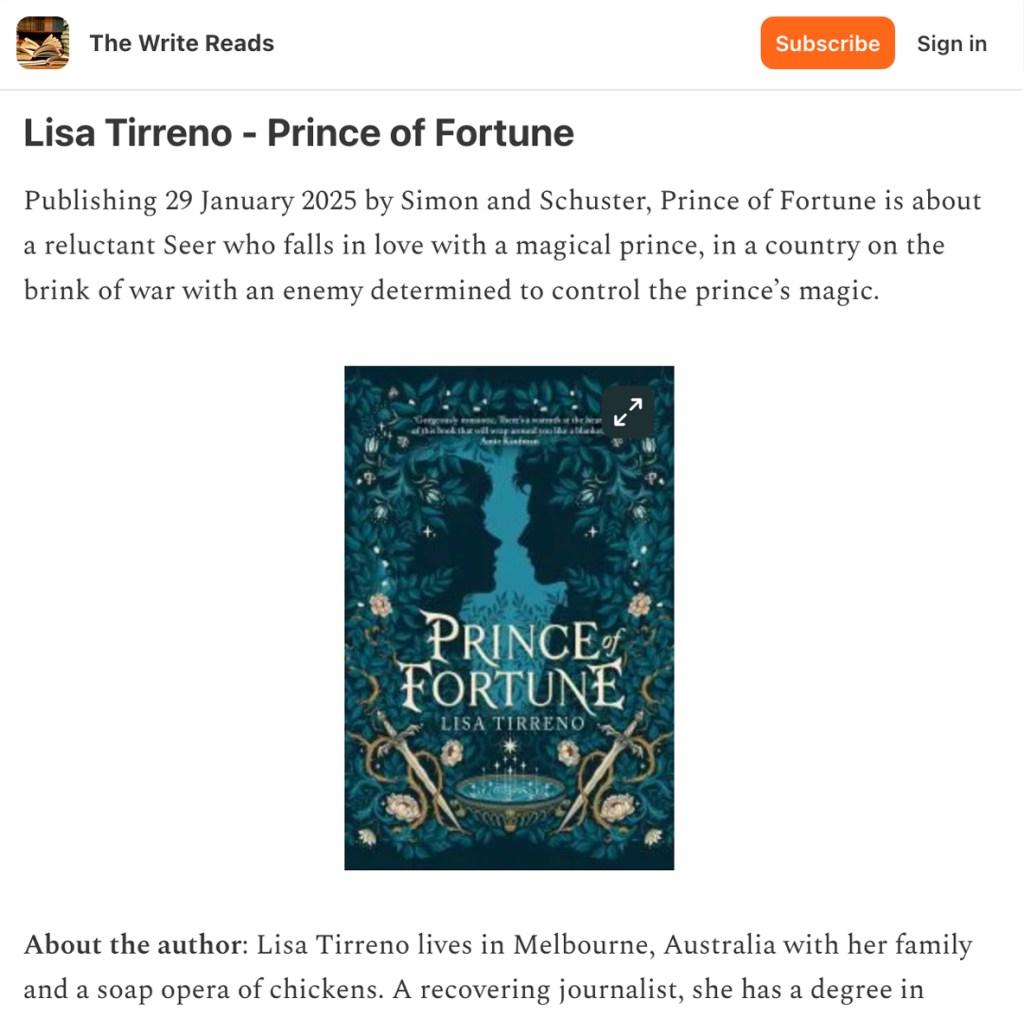 Image is a screenshot from Natasha Rai's Substack The Write Reads, showing a Q&A with writer Lisa Tirreno and the cover of her book Prince of Fortune